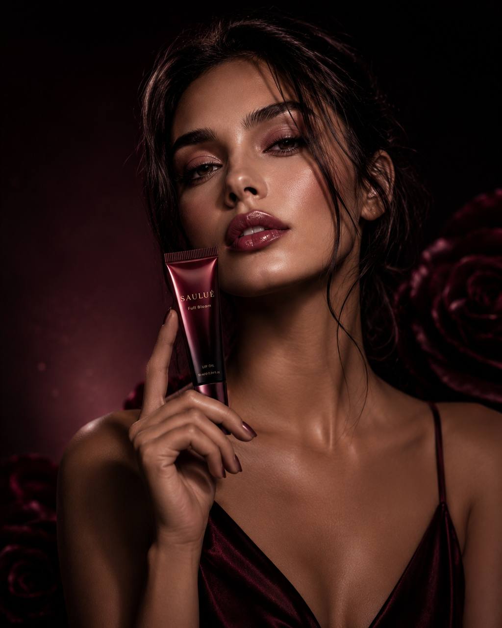 SAULUÉ Full Bloom lip oil held by model